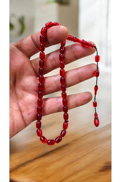 İnan Tesbih Red Color Ringed Model Fire Amber Tesbih