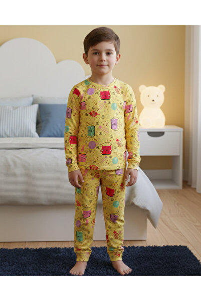 fancykidsantalya Boy's Space Theme Patterned Cotton Pajama Set 95% Cotton 2-P...