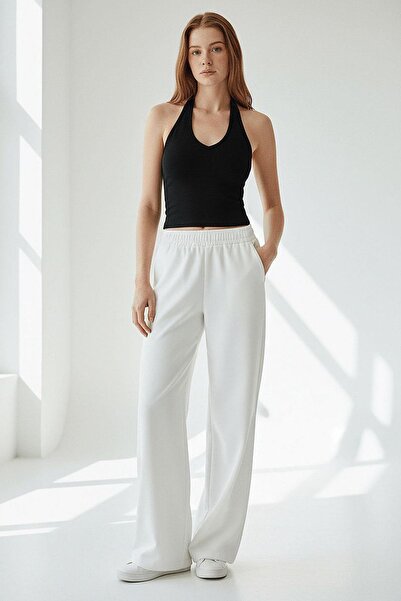 Seeh Λευκό ψηλό γυναικείο παντελόνι με φαρδύ πόδι και ελαστική μέση - SH191