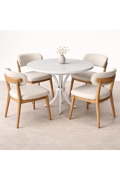 larissa design MASA 100 ÇAP TABLA BEYAZ MDF 4 ADET AHŞAP SANDALYE TAKIM (MASA...