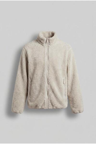 ablukaonline Men's Comfortable Fit Stand Collar Zippered Plush Jacket Beige