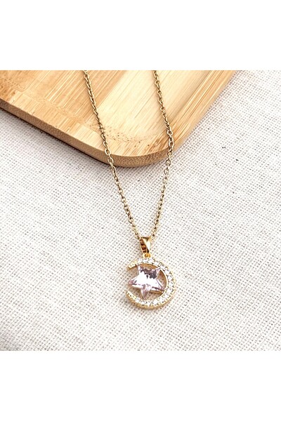 Siya Silver قلادة من الفولاذ على شكل نجمة القمر والحجر الأرجواني