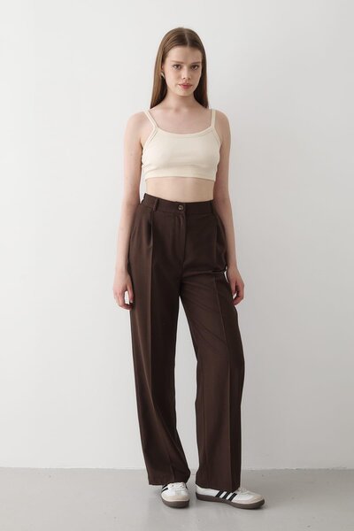 JASTE Kadın Beli Lastikli Bol Paça Palazzo Pantolon ACI KAHVERENGİ