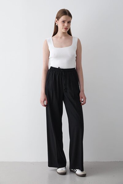 JASTE Kadın Beli Lastikli Bol Paça Palazzo Pantolon SİYAH