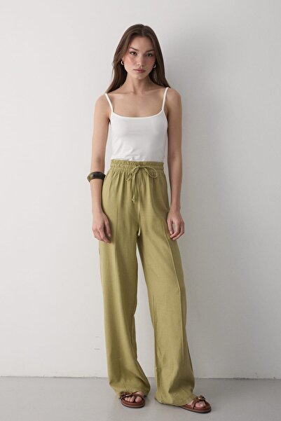 JASTE Kadın Beli Lastikli Bağcıklı Keten Pantolon