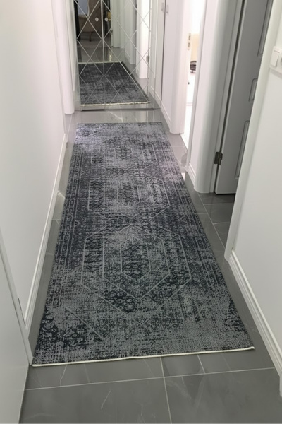 VOPTEKS Gri Halı Yolluk Makinede Yıkanabilir Halı Kaymaz Taban Halı