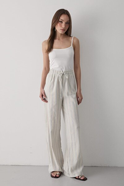 JASTE Kadın Çızgili Beli Lastikli Keten Pantolon MAVİ