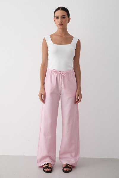 JASTE Kadın Beli Lastikli Bol Paça Palazzo Keten Pantolon PEMBE