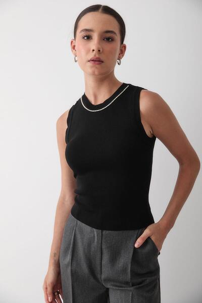 JASTE Kadın Bisiklet Yaka Taş Detaylı Kolsuz Triko Atlet