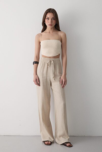 JASTE Kadın Beli Lastikli Bağcıklı Keten Pantolon BEJ