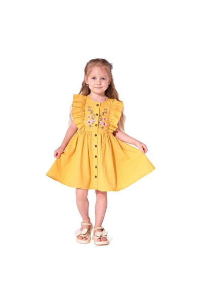 MODJEANS Rochie pentru fete, MODJEANS, cu volane, bumbac, galben, 116 CM