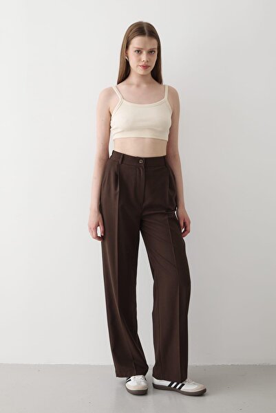 JASTE Women's Elastic Waist Wide Leg Palazzo Pants Dark Brown