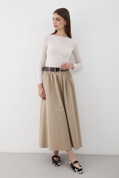 JASTE Women's Belted Ruched Detail Maxi Skirt Khaki