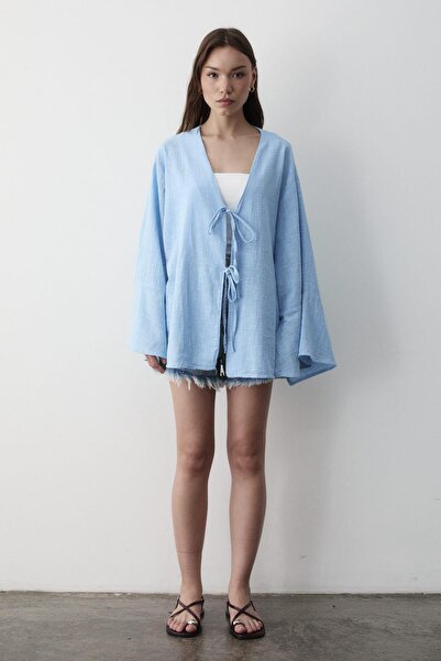 JASTE Kadın Mavi Yarasa Kol Çift Bağlamalı Kimono %100 Pamuk