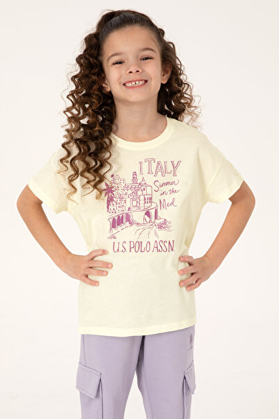 U.S. Polo Assn. Girls' Cream Crew Neck Printed Cotton T-Shirt 50306178-Vr071