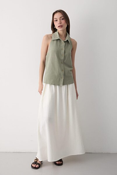 JASTE Kadın Yakalı Sıfır Kol Sırt Kısmı Acık Lastikli Keten Bluz