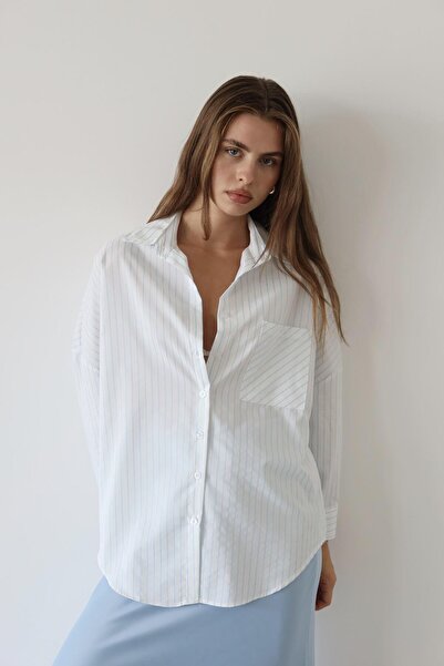 JASTE Kadın Mavi Çizgili Düğmeli Cep Detaylı Çizgili Oversize Gömlek