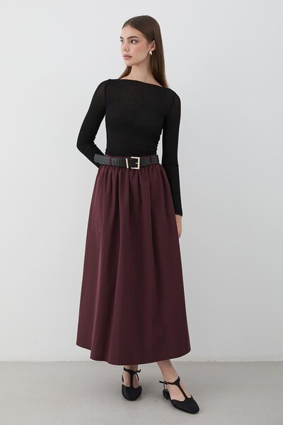 JASTE Kadın Kemerli Büzgü Detaylı Maxi Etek
