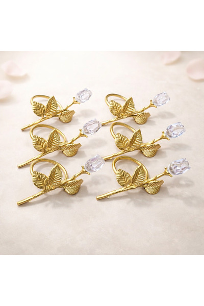 esdekor 6’lı Kristal Taşlı Güllü Altın Renk Metal Peçete Halkası Seti 9,5 cm ...