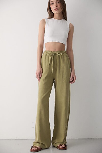 JASTE Kadın Beli Lastikli Bol Paça Palazzo Keten Pantolon HAKİ