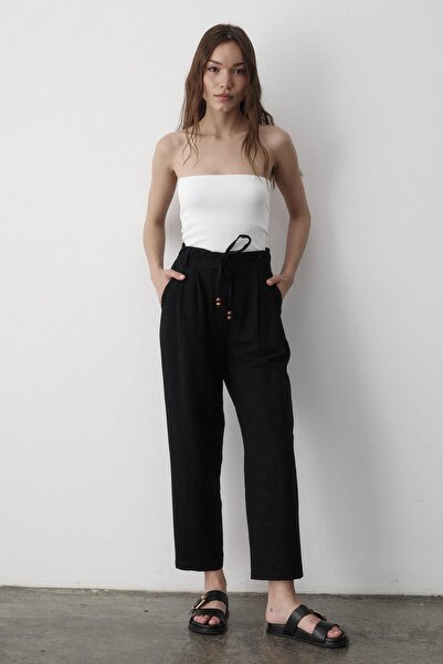 JASTE Kadın Yüksel Bel Boncuklu Bağcıklı Keten Pantolon SİYAH