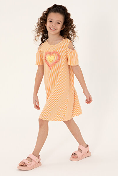 U.S. Polo Assn. Kız Çocuk Turuncu Kalp İşlemeli Çizgili Omuz Detaylı Dokuma E...