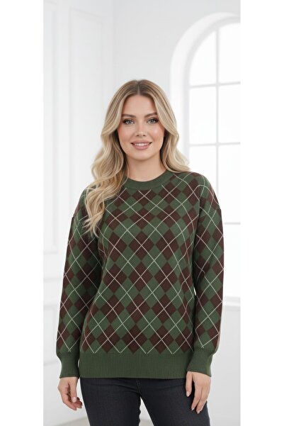 ZARİNCE LİFE Women's Oversized Argyle Pattern Round Neck Knitwear Sweater