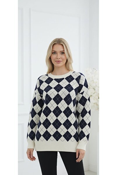 ZARİNCE LİFE Women's Oversized Argyle Pattern Round Neck Knitwear Sweater