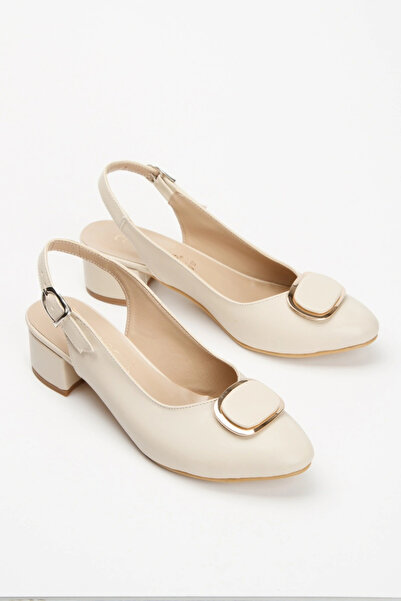 Miss Mitto Бежови дамски стилет - Отворен гръб, Къс дебел ток, Катарама и Удобни