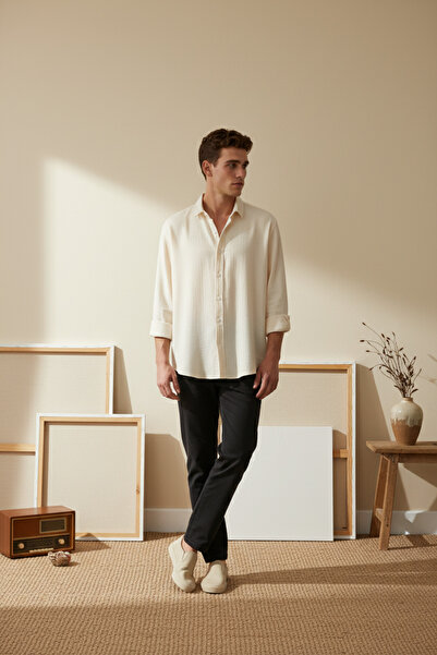 A&O Style Erkek Krem Oversize Müslin Uzun Kollu Keten Gömlek