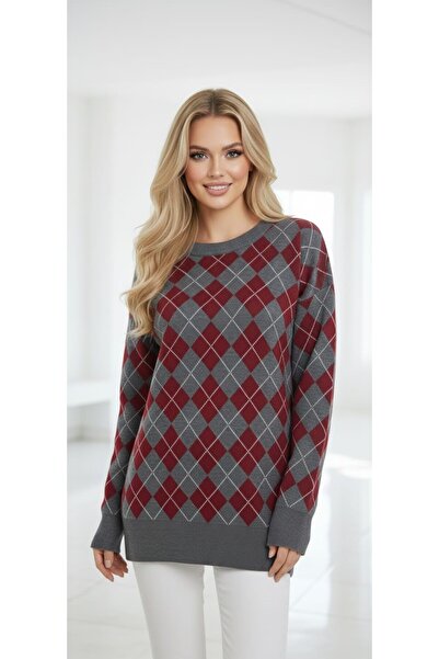 ZARİNCE LİFE Women's Oversized Argyle Pattern Round Neck Knitwear Sweater