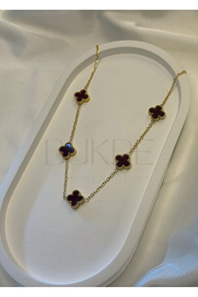 stainles steel Paslanmaz Çelik Gold Bordo Çift Taraflı Yonca Kolye