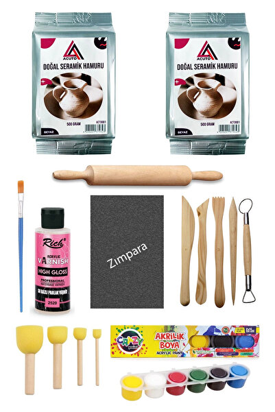 ACUTO Seramik Hamuru 1 kg Ebeşuar Seti 6x15 ml Akrilik Set 120 cc Vernik Ahşa...