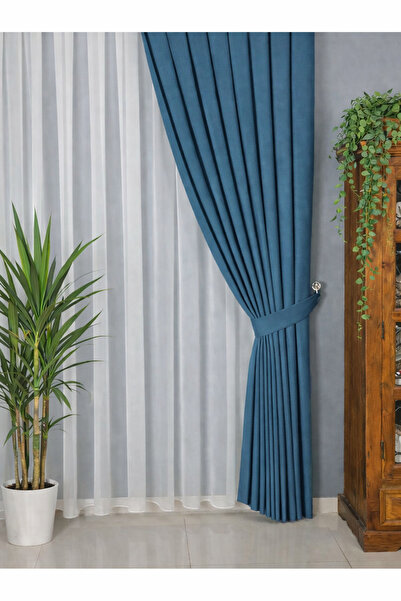 Wowlays Home Petrol Mavisi Pileli Fon Perde Kadifemsi Kumaş Yüksek Kalite Tek...