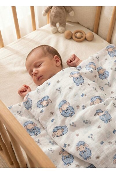 Caline Baby غطاء قماش موسلين بنمط الحمل الأزرق مقاس 120 × 120 سم + 4 مناديل م...