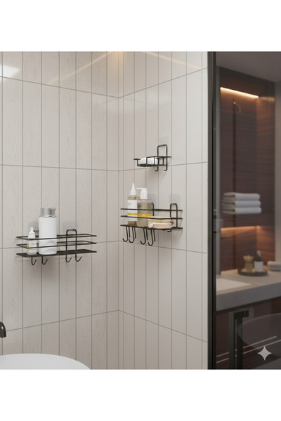 BUSEMSİ HOME 2 رف منظم مع خطافات لاصقة وحامل صابون صلب وحامل إسفنجة للأطباق