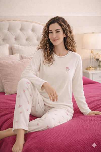 Mihra Waffle Kumaş Bej Laleli Kadın Pijama Takımı