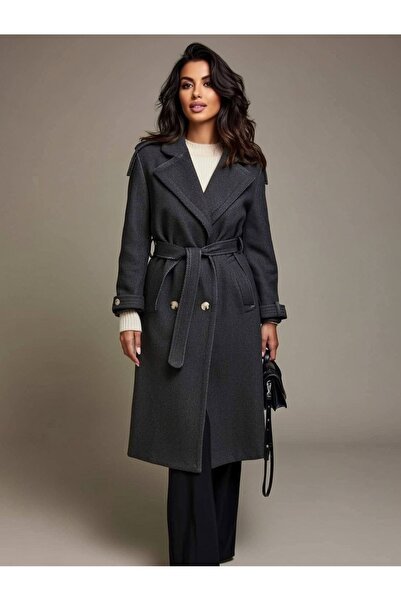 merysare Women's epaulet waist belted lined stamp coat