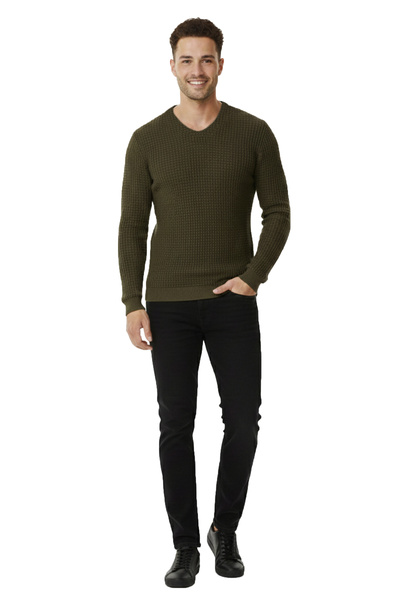 DeepSEA Haki Likralı V Yaka Dar Kesim Erkek Kazak Slim Fit Esnek Pamuk Karışımlı 2300341
