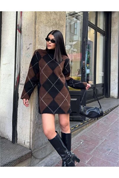 merysare نمط البقلاوة للنساء حشوة كتف قطع مبطن بالصوف فستان ميني محبوك برقبة ...