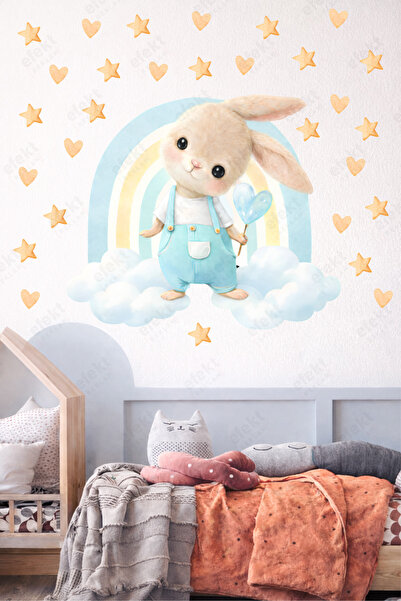 efekt reklam مجموعة ملصقات حائط للأولاد بتصميم قوس قزح وأرنب - مع شكل نجمة - ...