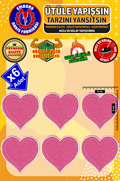 Embory Ütü Ile Yapışan Arma Yama, Pembe Kalp (6 ADET) Ütüyle Yapışan Nakış Do...