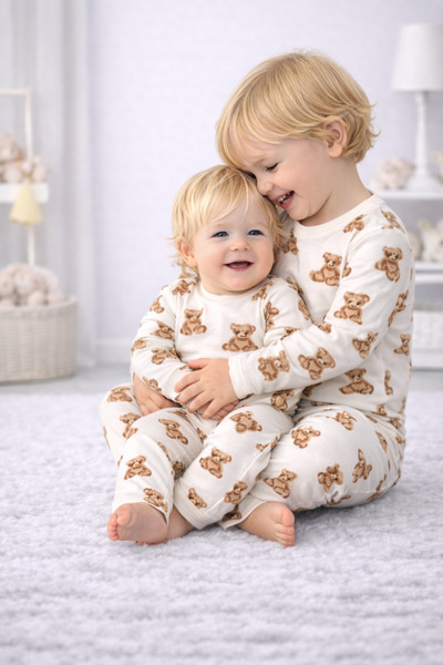 Drop Kids Βρεφικό παιδικό μακρύ σετ πιτζάμες δύο τεμαχίων με σχέδιο αρκουδάκι