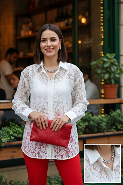 Nisantasimoda Yaka Kol Saten Lazer Motifli Viskon Gömlek