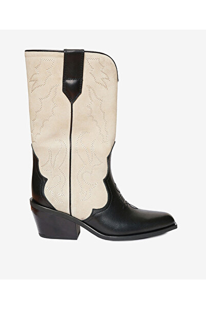 Greyder Kadın Siyah Bej Hakiki Deri Topuklu Çizme 4K2AB59149