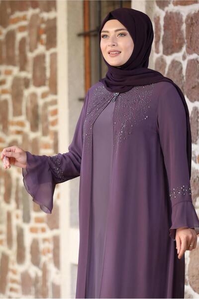 TRENDTESETTÜR KADIN PEMBE (GÜLKURUSU) İSPANYOL KOL TAŞ DETAYLI ABİYE ELBİSE T...