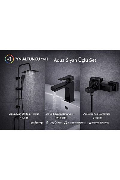 Newarc AQUA SİYAH ÜÇLÜ SET DUŞ ÜNİTESİ+LAVABO BATARYASI+BANYO BATARYASI
