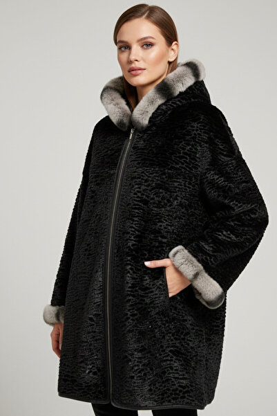 Deriderim Siyah Perla Geniş Kesim Içi Kumaş Çift Taraflı Kapüşon Ve Kol Ağzı ...