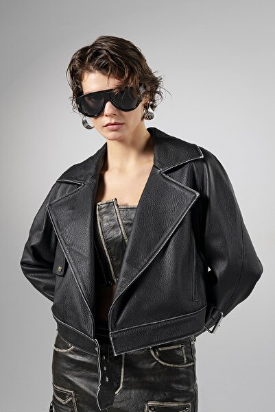 Valmenti Kadın Hakiki Deri Siyah Deri Mont