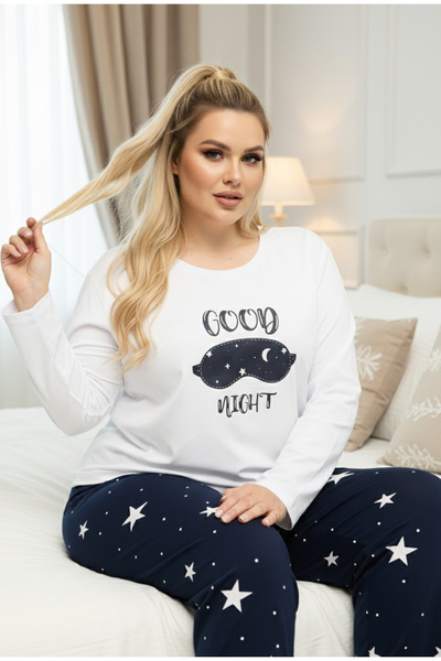 Siyah İnci بدلة بيجامة قطنية كبيرة الحجم منقوشة باللون الأبيض25240860